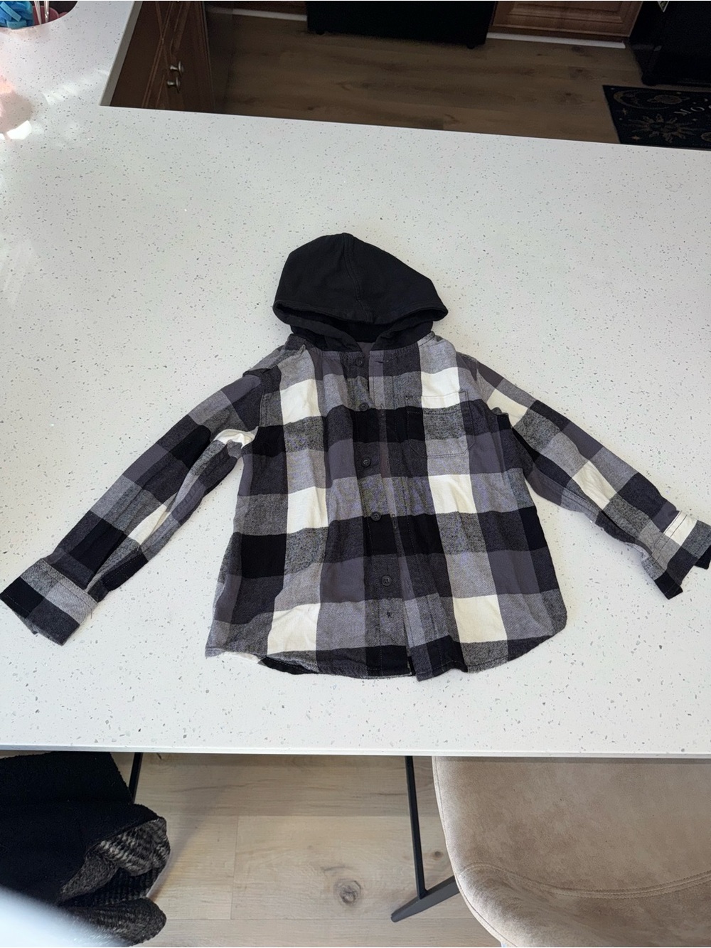 Kids Black & Gray Plaid Hooded Button-Up Shirt